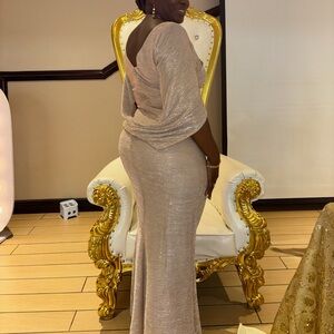 Betsy & Adam Shimmering Tan Evening Gown